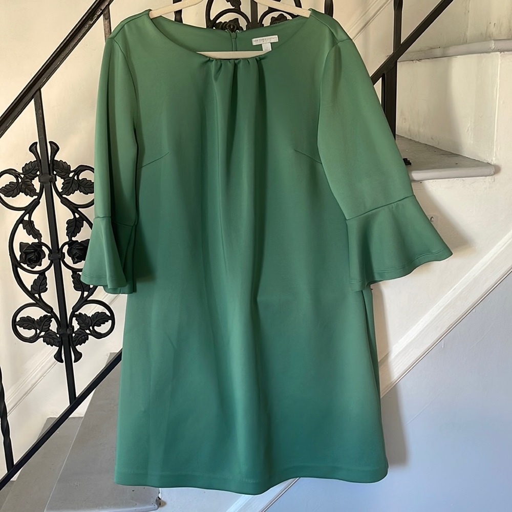 Green shift dress with bell sleeves